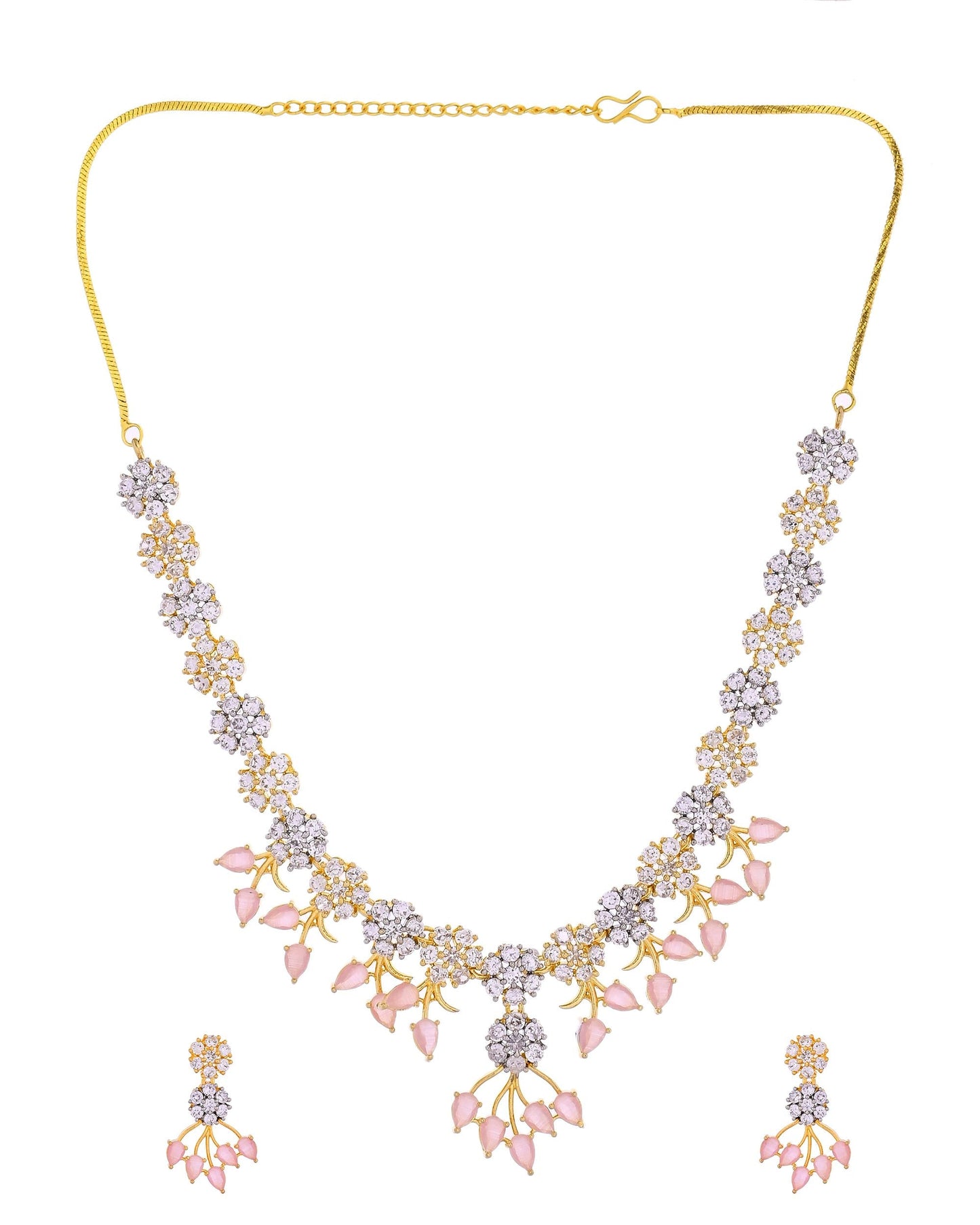 VOJ Gold-Toned Ad Stone Studded Floral Necklace & Earrings Set With Baby Pink Stone Drops