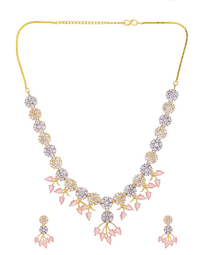 VOJ Gold-Toned Ad Stone Studded Floral Necklace & Earrings Set With Baby Pink Stone Drops