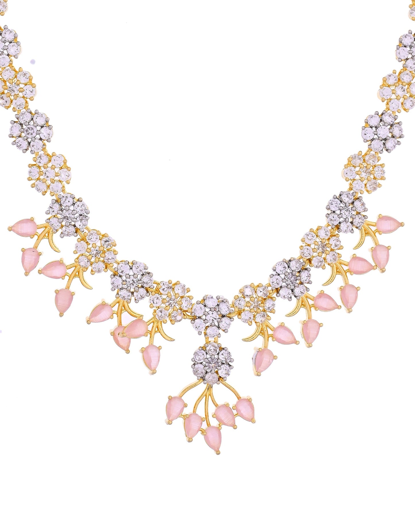 VOJ Gold-Toned Ad Stone Studded Floral Necklace & Earrings Set With Baby Pink Stone Drops