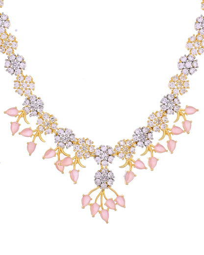 VOJ Gold-Toned Ad Stone Studded Floral Necklace & Earrings Set With Baby Pink Stone Drops
