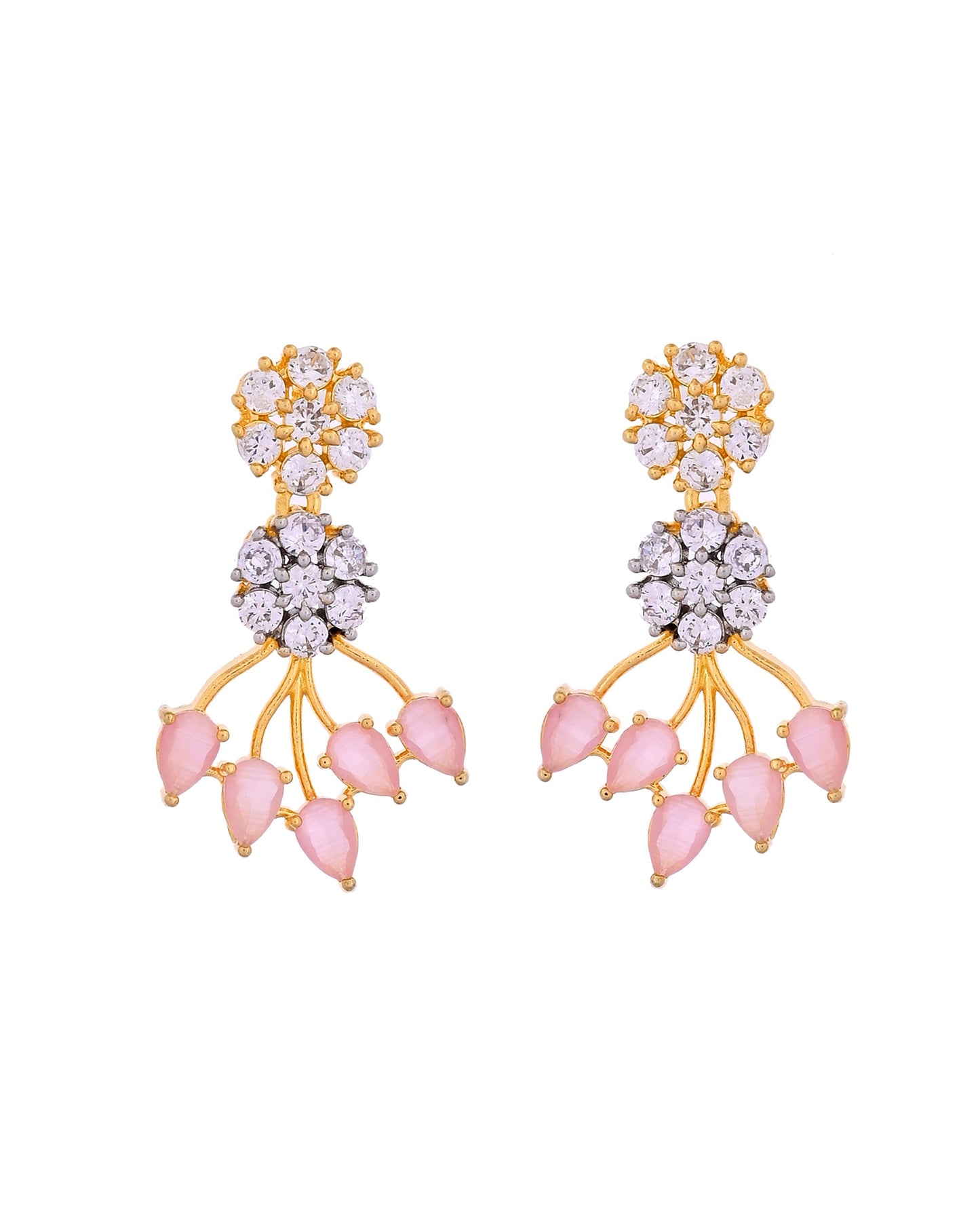 VOJ Gold-Toned Ad Stone Studded Floral Necklace & Earrings Set With Baby Pink Stone Drops