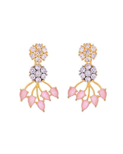 VOJ Gold-Toned Ad Stone Studded Floral Necklace & Earrings Set With Baby Pink Stone Drops