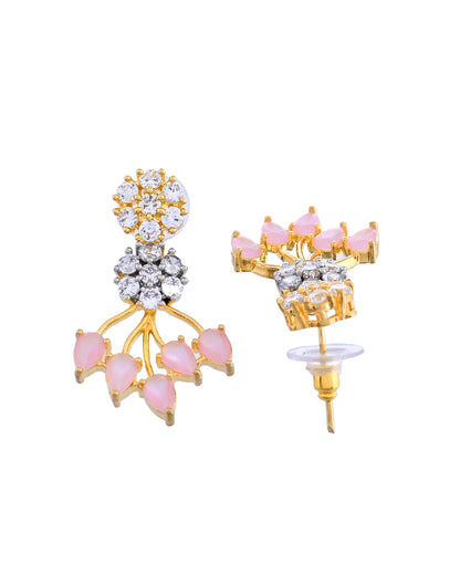 VOJ Gold-Toned Ad Stone Studded Floral Necklace & Earrings Set With Baby Pink Stone Drops