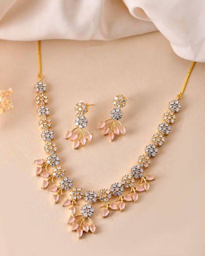 VOJ Gold-Toned Ad Stone Studded Floral Necklace & Earrings Set With Baby Pink Stone Drops