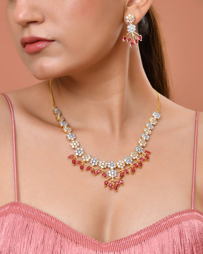 VOJ Gold-Toned Ad Stone Studded Floral Necklace & Earrings Set With Red Stone Drops