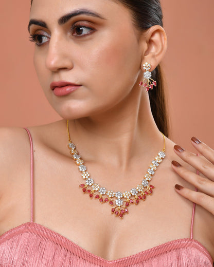 VOJ Gold-Toned Ad Stone Studded Floral Necklace & Earrings Set With Red Stone Drops
