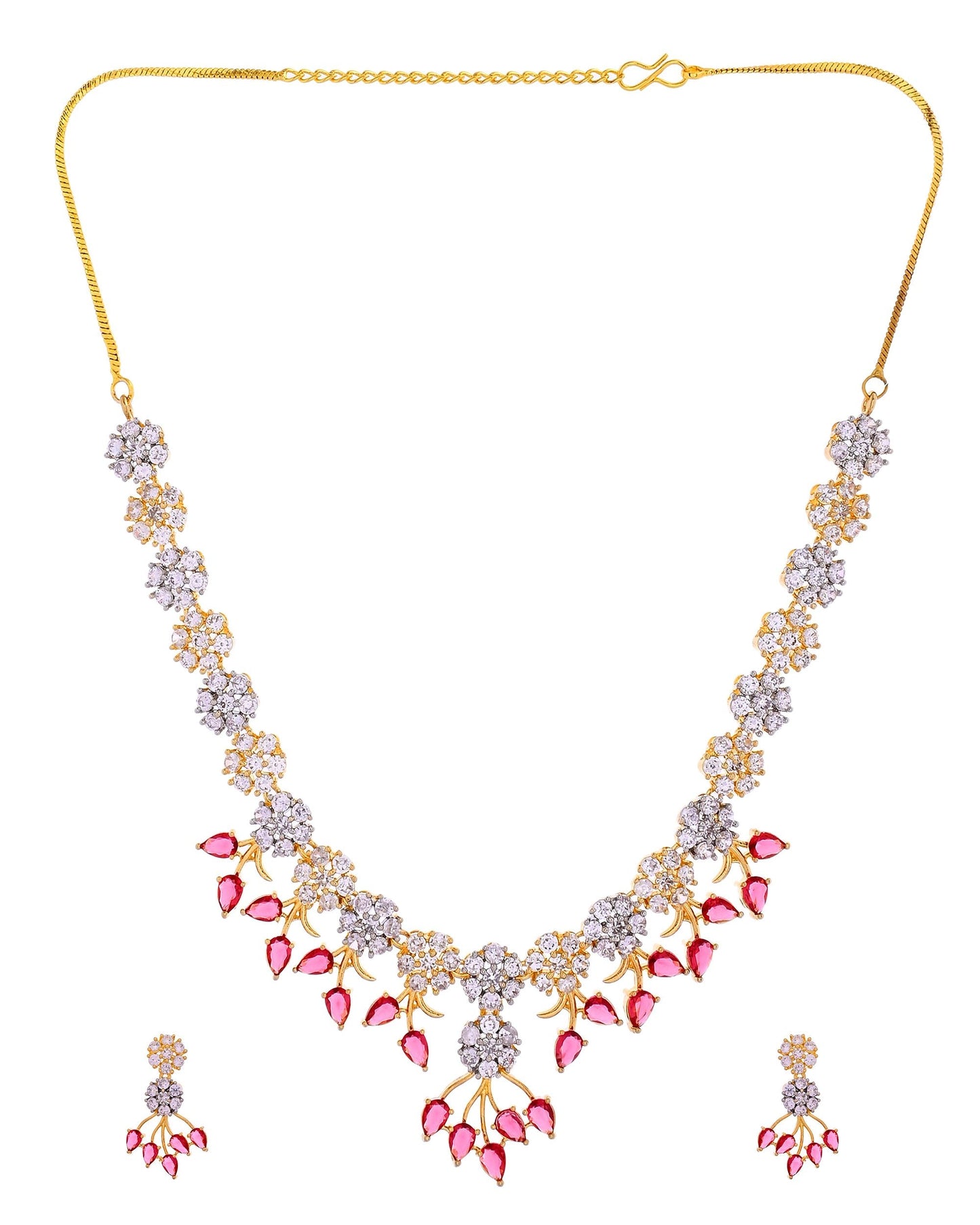 VOJ Gold-Toned Ad Stone Studded Floral Necklace & Earrings Set With Red Stone Drops