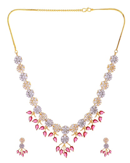 VOJ Gold-Toned Ad Stone Studded Floral Necklace & Earrings Set With Red Stone Drops
