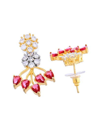 VOJ Gold-Toned Ad Stone Studded Floral Necklace & Earrings Set With Red Stone Drops