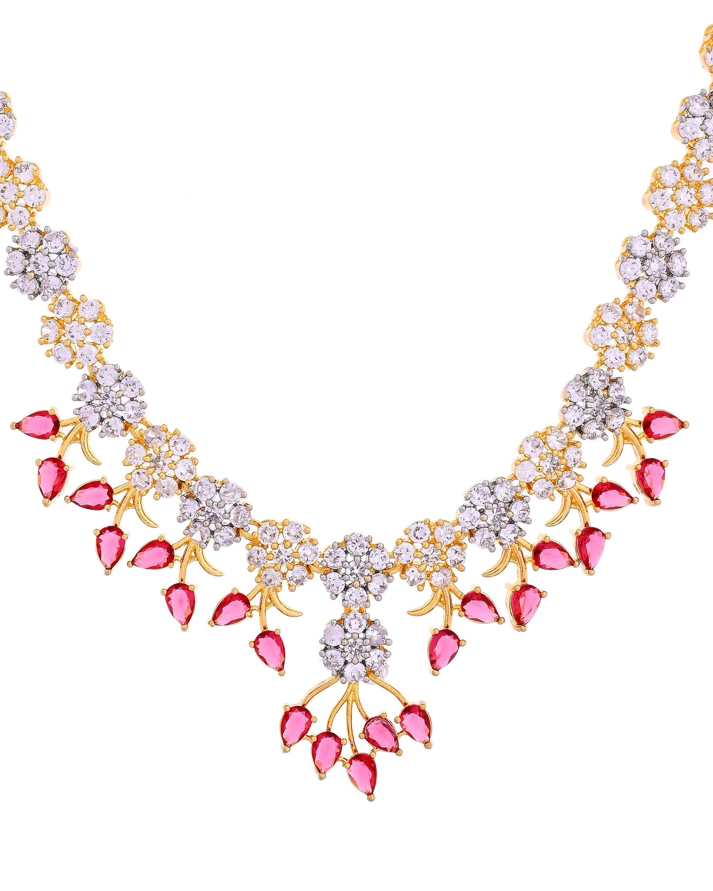 VOJ Gold-Toned Ad Stone Studded Floral Necklace & Earrings Set With Red Stone Drops