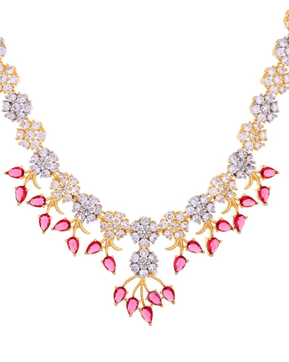 VOJ Gold-Toned Ad Stone Studded Floral Necklace & Earrings Set With Red Stone Drops