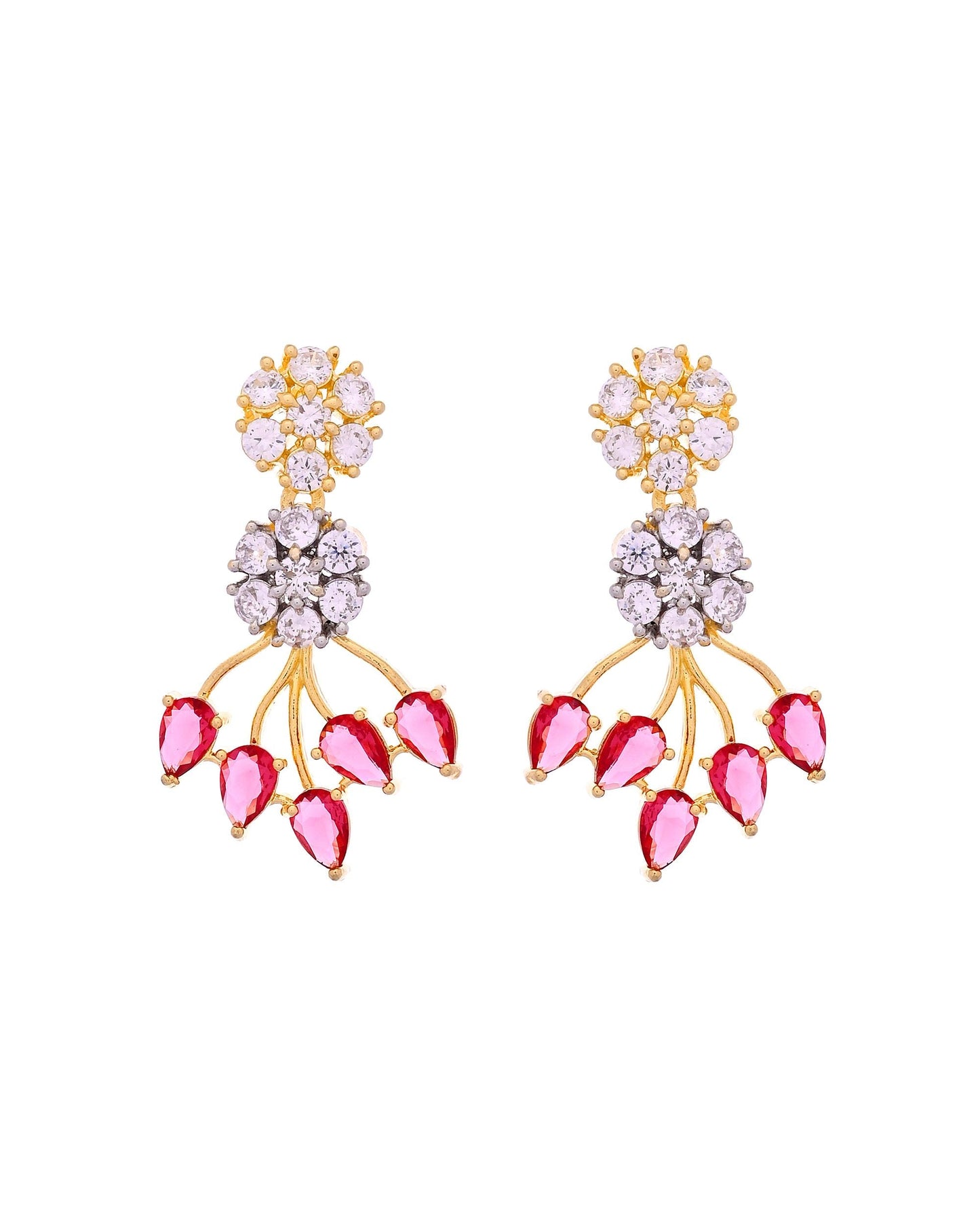 VOJ Gold-Toned Ad Stone Studded Floral Necklace & Earrings Set With Red Stone Drops