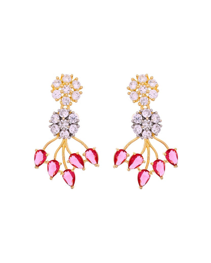 VOJ Gold-Toned Ad Stone Studded Floral Necklace & Earrings Set With Red Stone Drops