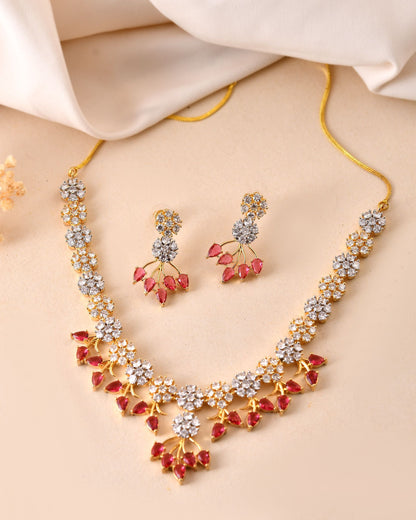VOJ Gold-Toned Ad Stone Studded Floral Necklace & Earrings Set With Red Stone Drops