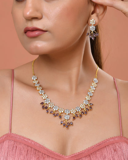VOJ Gold-Toned Ad Stone Studded Floral Necklace & Earrings Set With Purple Stone Drops