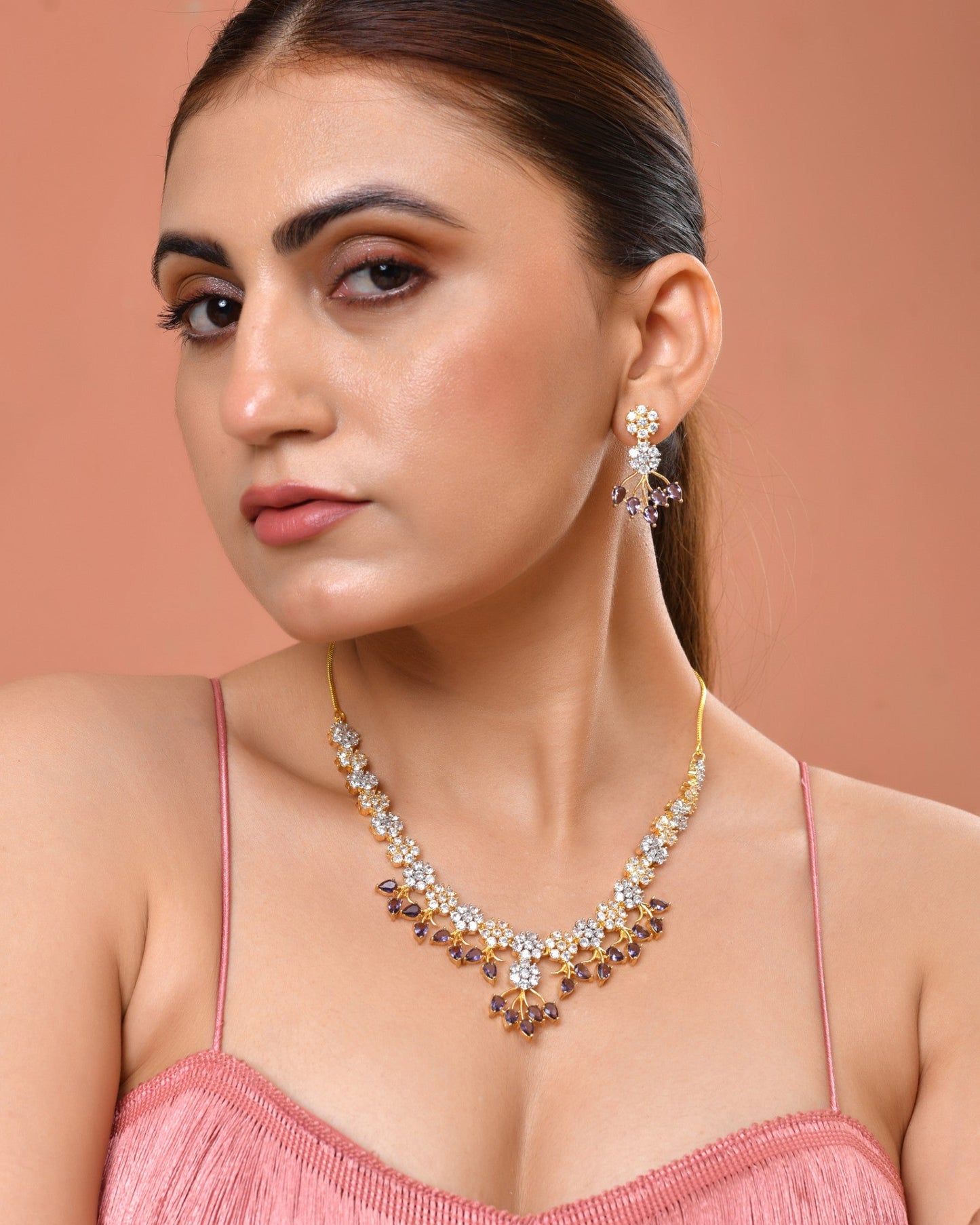 VOJ Gold-Toned Ad Stone Studded Floral Necklace & Earrings Set With Purple Stone Drops