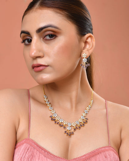 VOJ Gold-Toned Ad Stone Studded Floral Necklace & Earrings Set With Purple Stone Drops