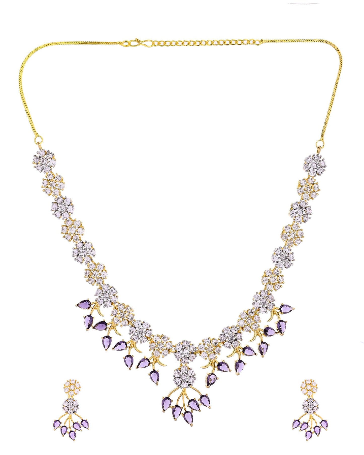 VOJ Gold-Toned Ad Stone Studded Floral Necklace & Earrings Set With Purple Stone Drops