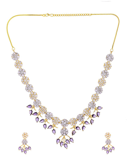 VOJ Gold-Toned Ad Stone Studded Floral Necklace & Earrings Set With Purple Stone Drops