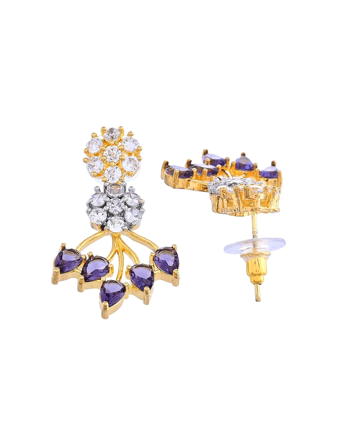 VOJ Gold-Toned Ad Stone Studded Floral Necklace & Earrings Set With Purple Stone Drops