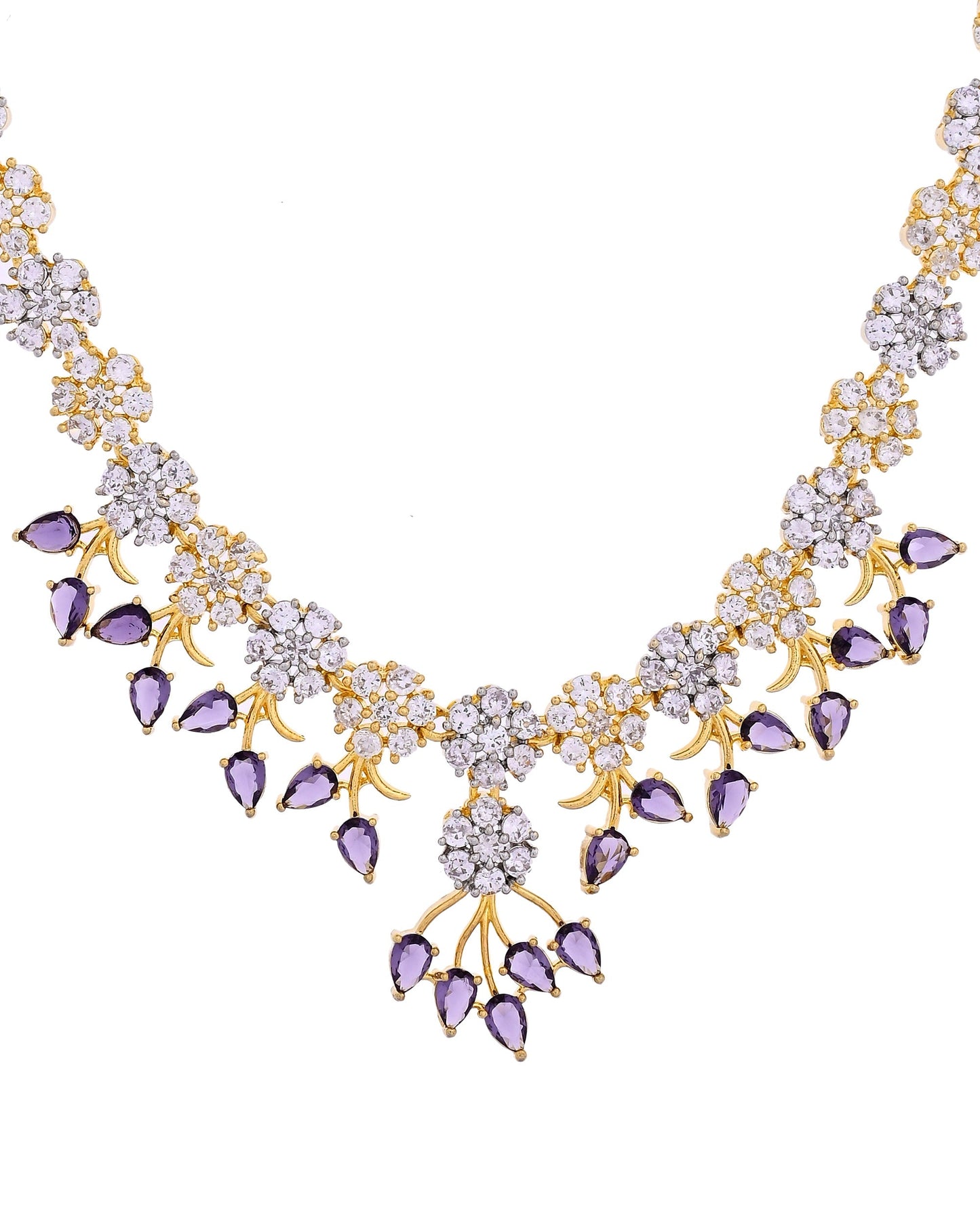 VOJ Gold-Toned Ad Stone Studded Floral Necklace & Earrings Set With Purple Stone Drops