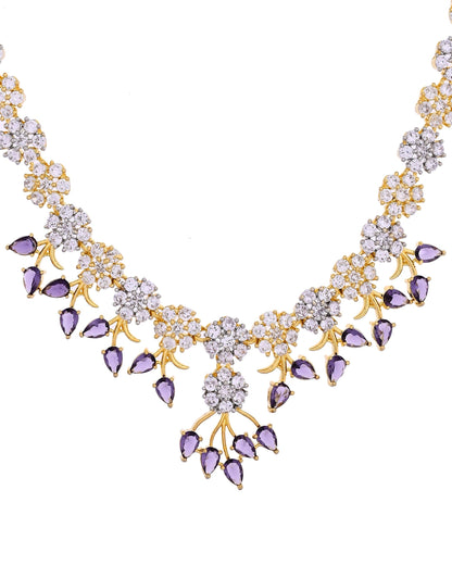 VOJ Gold-Toned Ad Stone Studded Floral Necklace & Earrings Set With Purple Stone Drops
