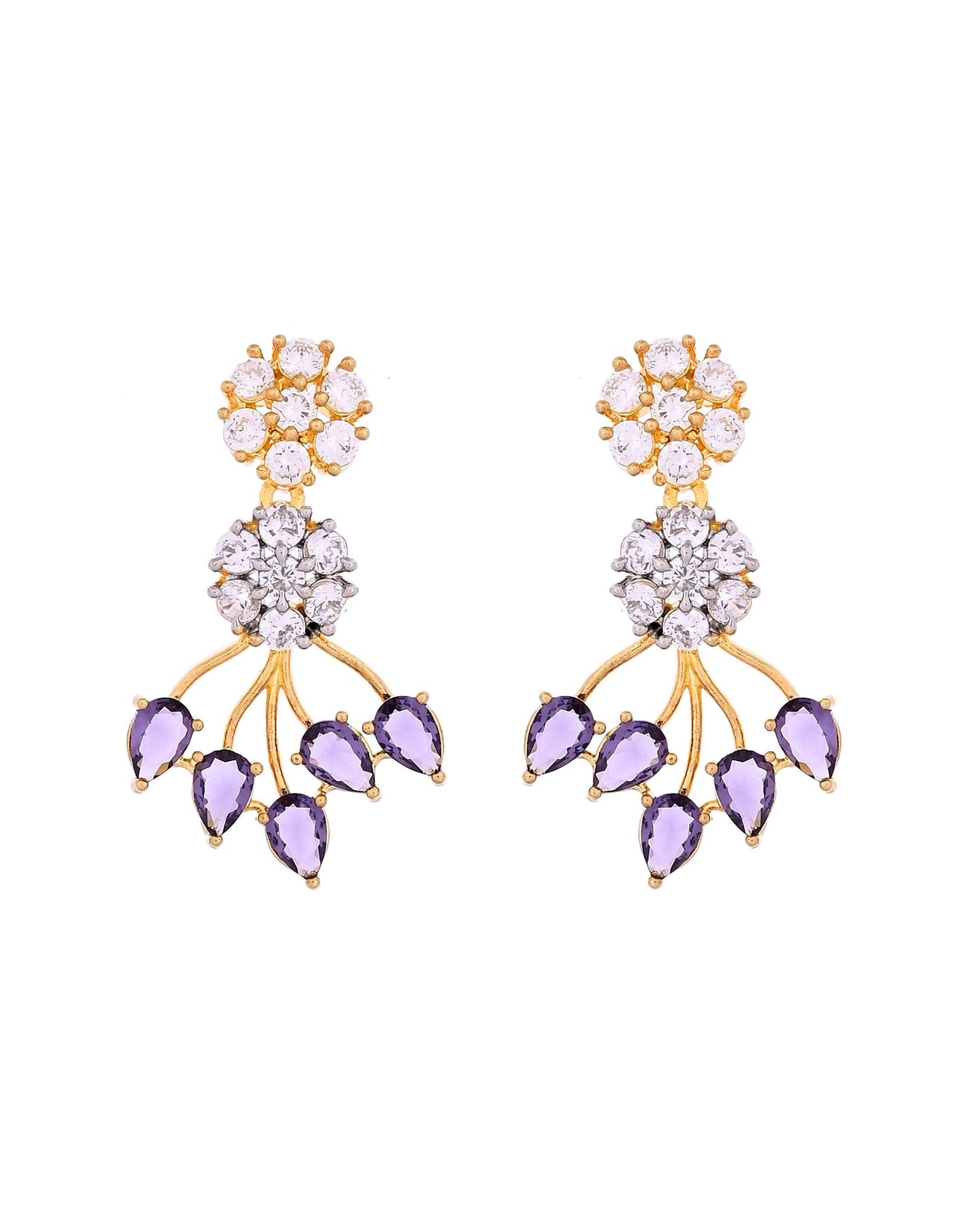 VOJ Gold-Toned Ad Stone Studded Floral Necklace & Earrings Set With Purple Stone Drops