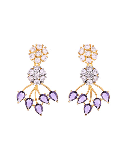 VOJ Gold-Toned Ad Stone Studded Floral Necklace & Earrings Set With Purple Stone Drops