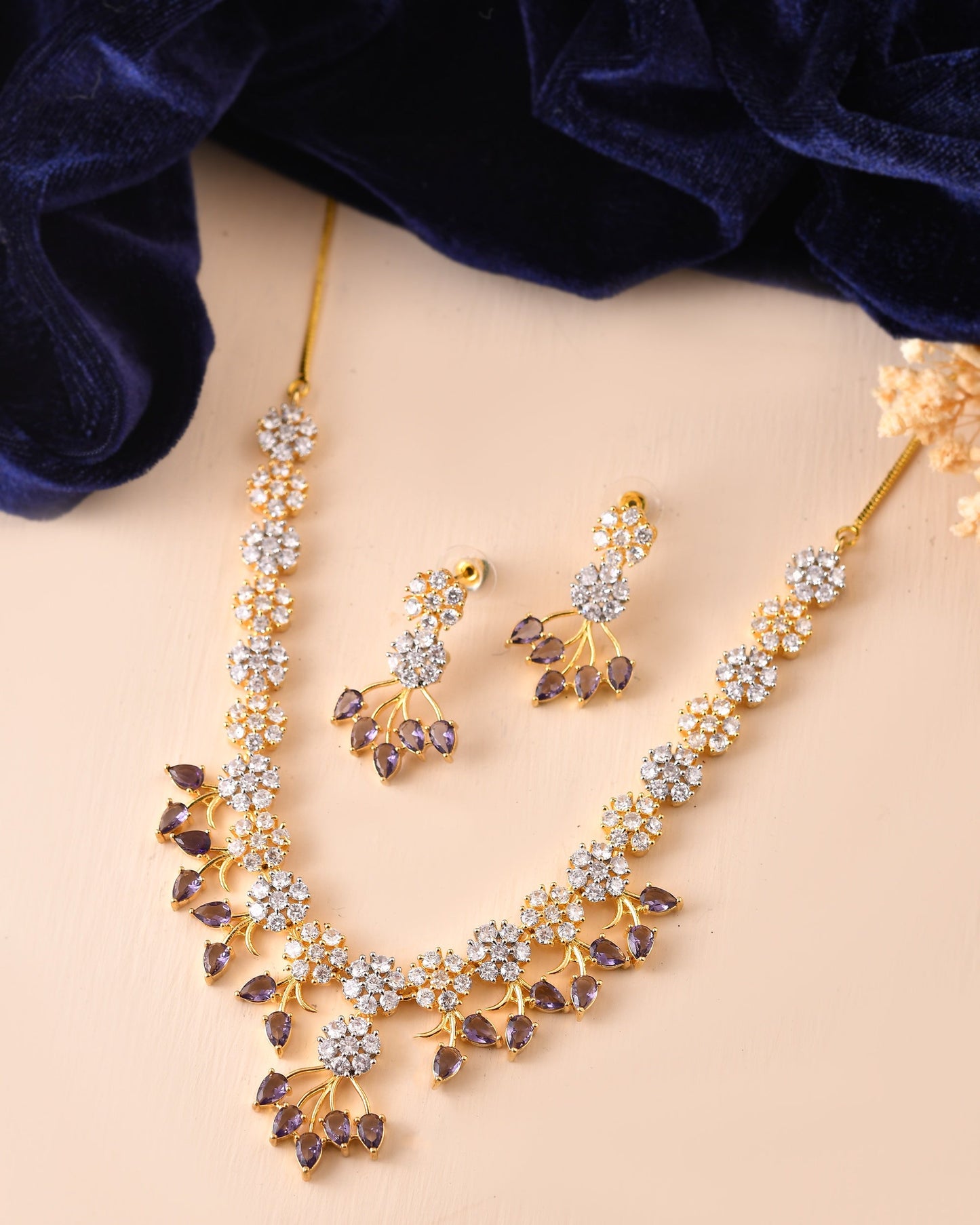 VOJ Gold-Toned Ad Stone Studded Floral Necklace & Earrings Set With Purple Stone Drops