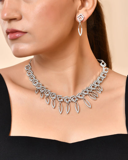 VOJ Silver Plated Ad Studded Square And Leaf Shaped Necklace Set