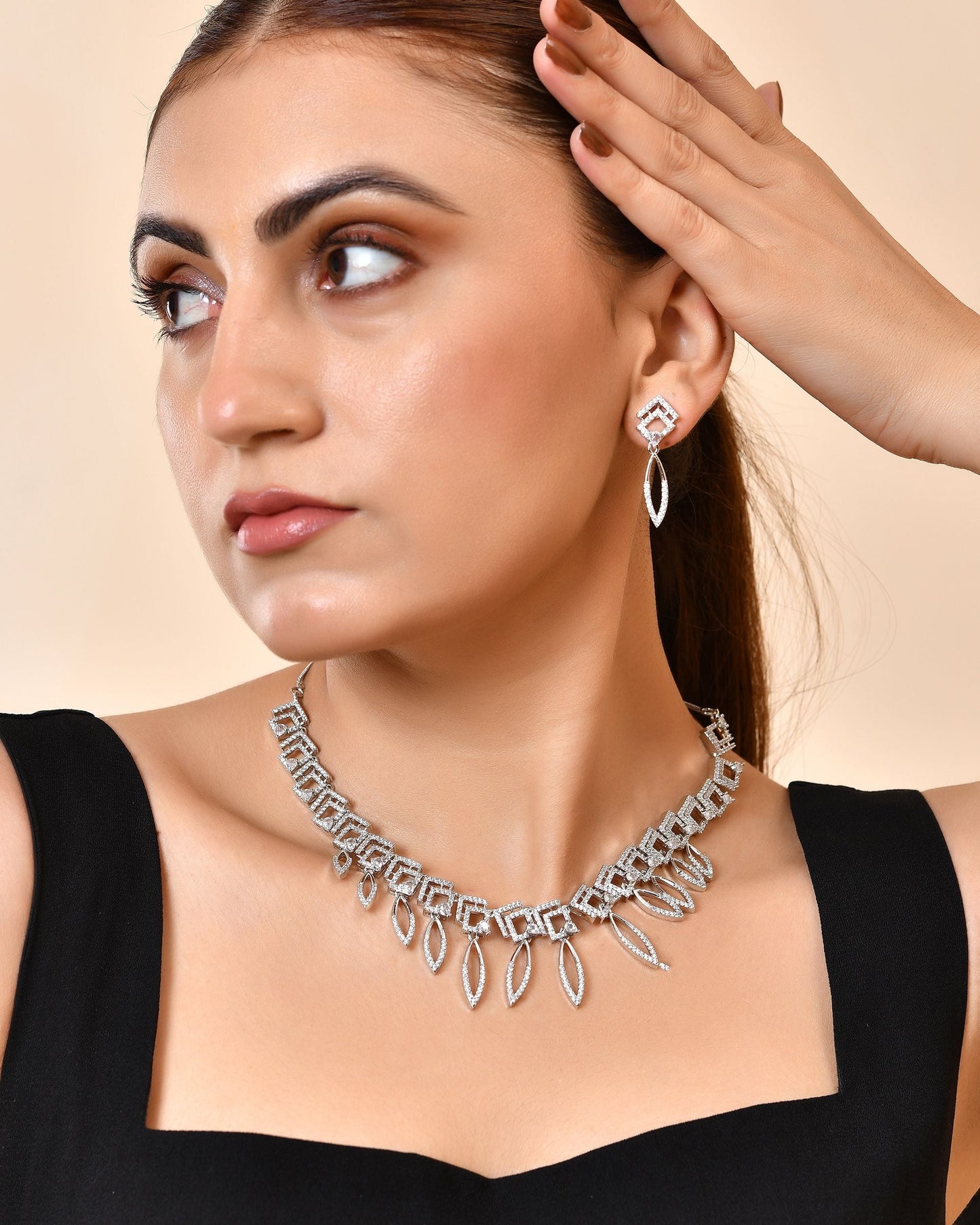 VOJ Silver Plated Ad Studded Square And Leaf Shaped Necklace Set