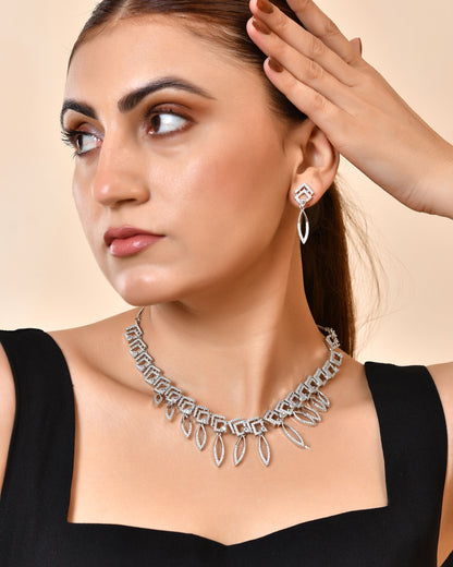 VOJ Silver Plated Ad Studded Square And Leaf Shaped Necklace Set