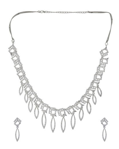 VOJ Silver Plated Ad Studded Square And Leaf Shaped Necklace Set