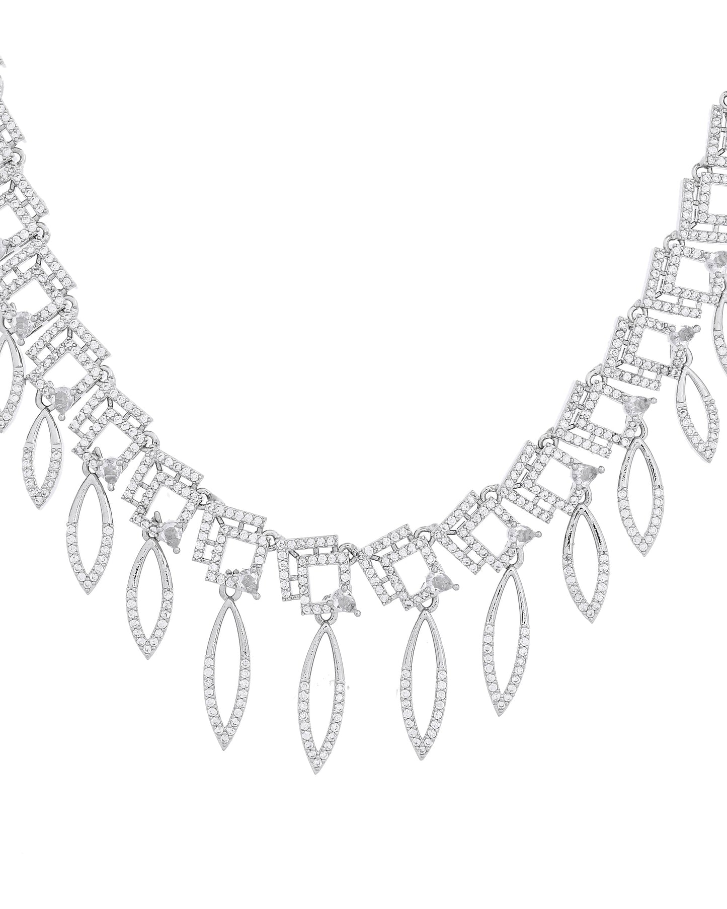VOJ Silver Plated Ad Studded Square And Leaf Shaped Necklace Set