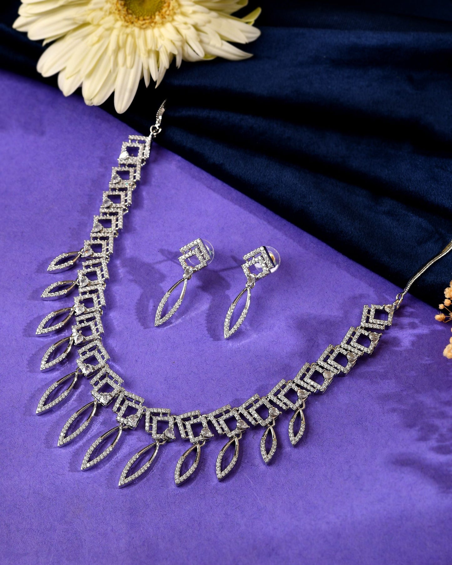 VOJ Silver Plated Ad Studded Square And Leaf Shaped Necklace Set