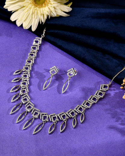 VOJ Silver Plated Ad Studded Square And Leaf Shaped Necklace Set