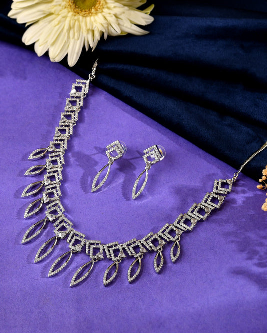 VOJ Silver Plated Ad Studded Square And Leaf Shaped Necklace Set