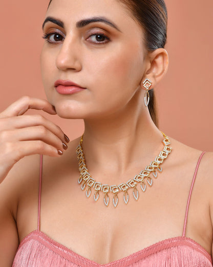 VOJ Gold Plated Ad Studded Square And Leaf Shaped Necklace Set