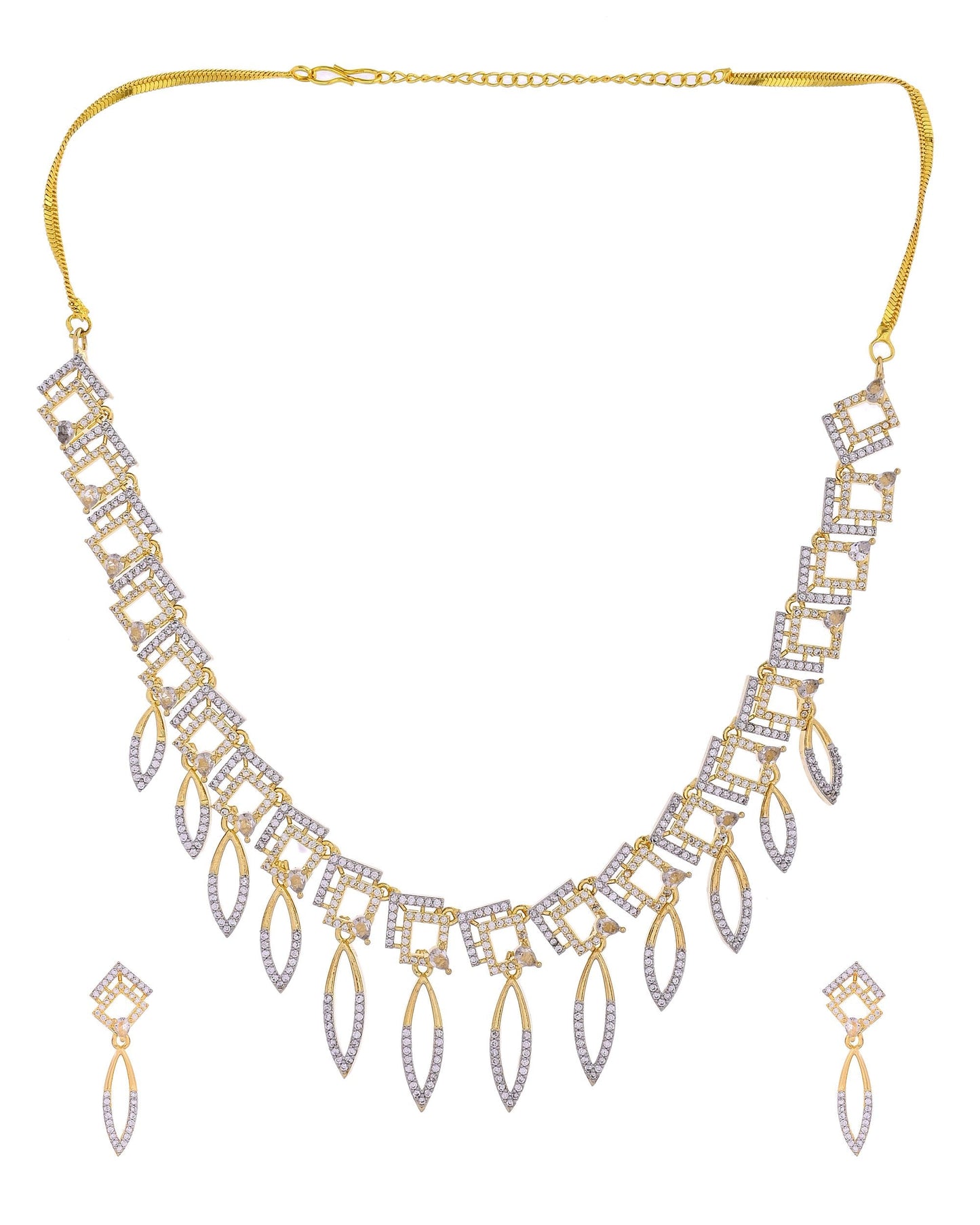 VOJ Gold Plated Ad Studded Square And Leaf Shaped Necklace Set
