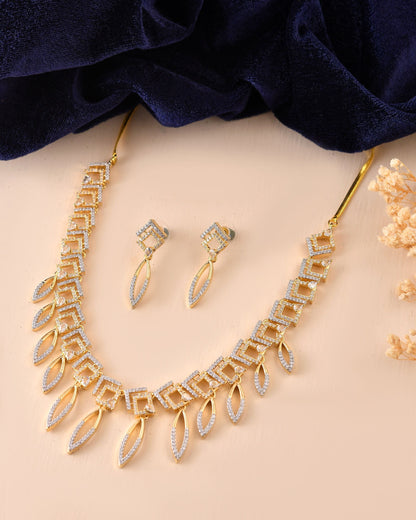 VOJ Gold Plated Ad Studded Square And Leaf Shaped Necklace Set
