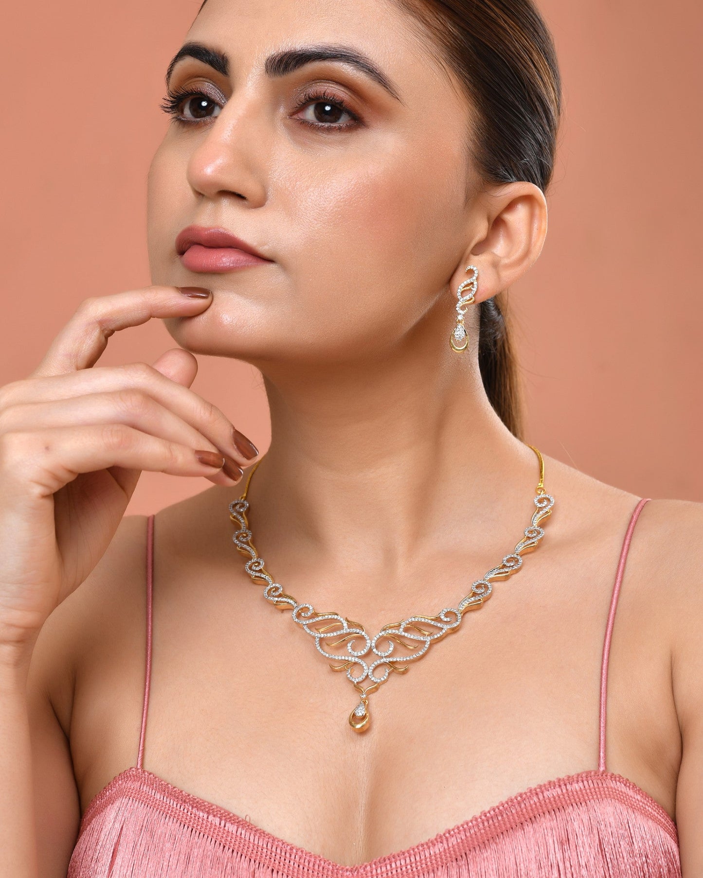 VOJ Gold Plated Designer Necklace With Earrings Ad Jewellery Set