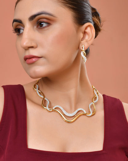 VOJ Gold Plated Waved Design Elegant Ad Jewellery Set