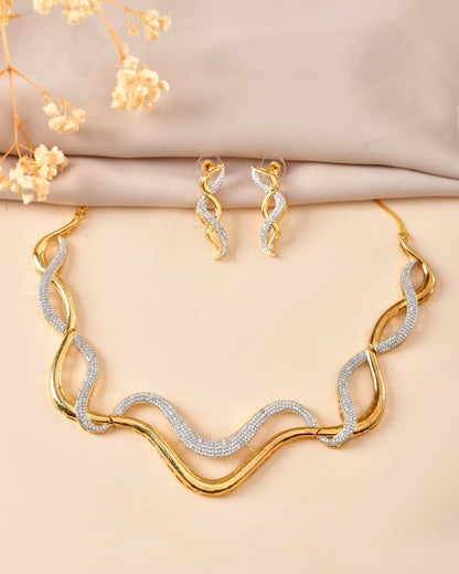 VOJ Gold Plated Waved Design Elegant Ad Jewellery Set