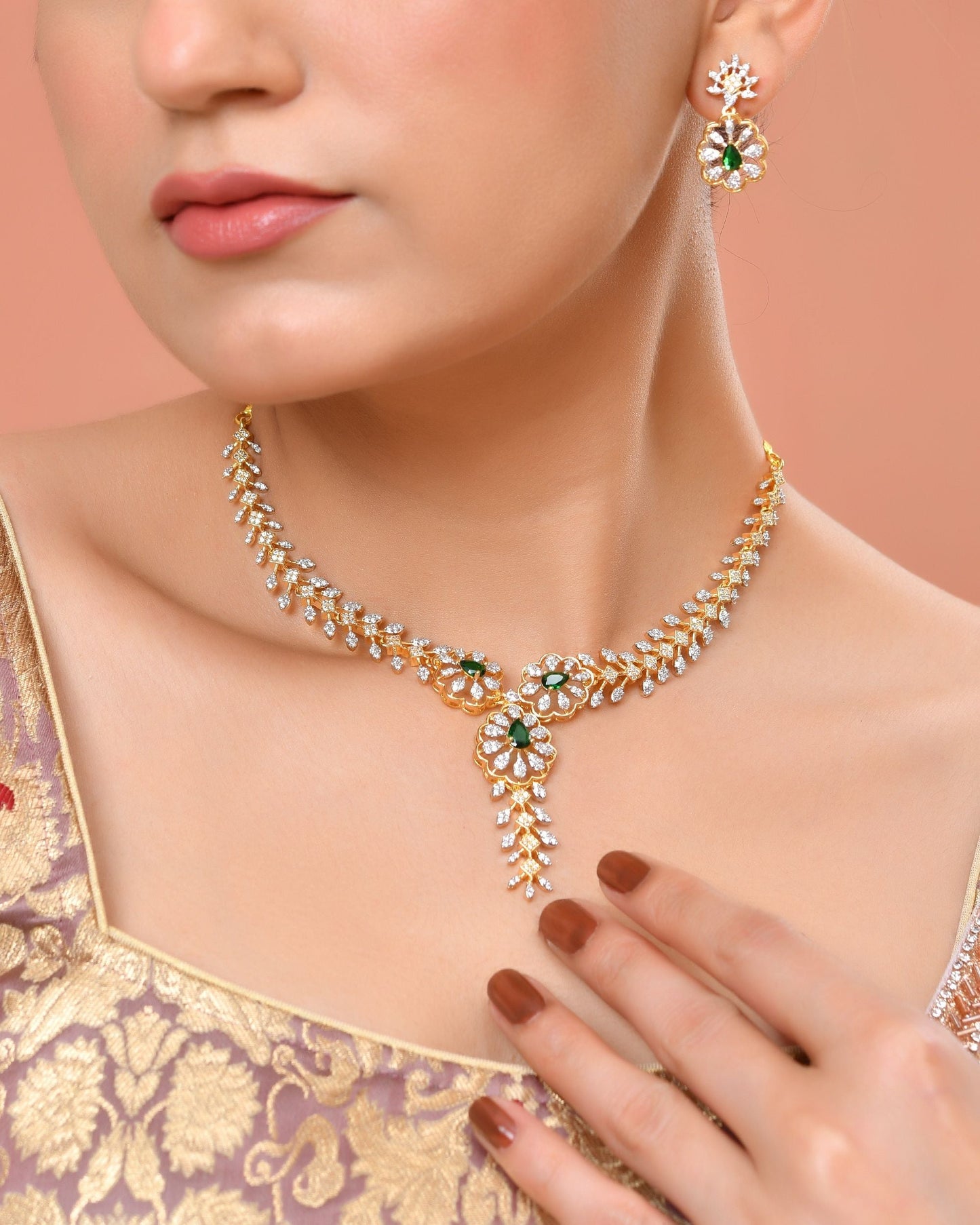 VOJ Gold Plated Lead Designed With Green Stone Ad Jewellery Set