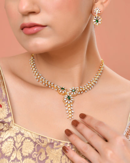 VOJ Gold Plated Lead Designed With Green Stone Ad Jewellery Set