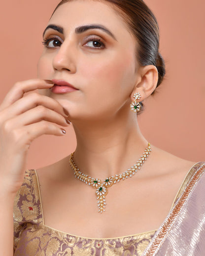 VOJ Gold Plated Lead Designed With Green Stone Ad Jewellery Set