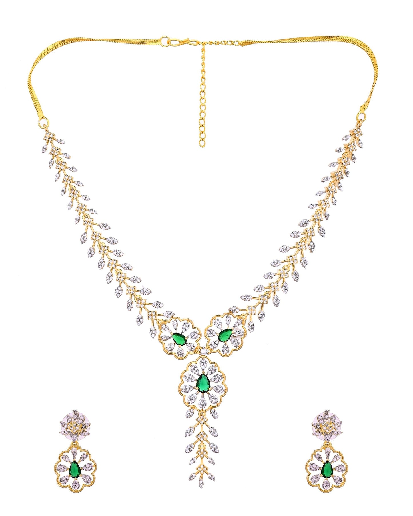 VOJ Gold Plated Lead Designed With Green Stone Ad Jewellery Set
