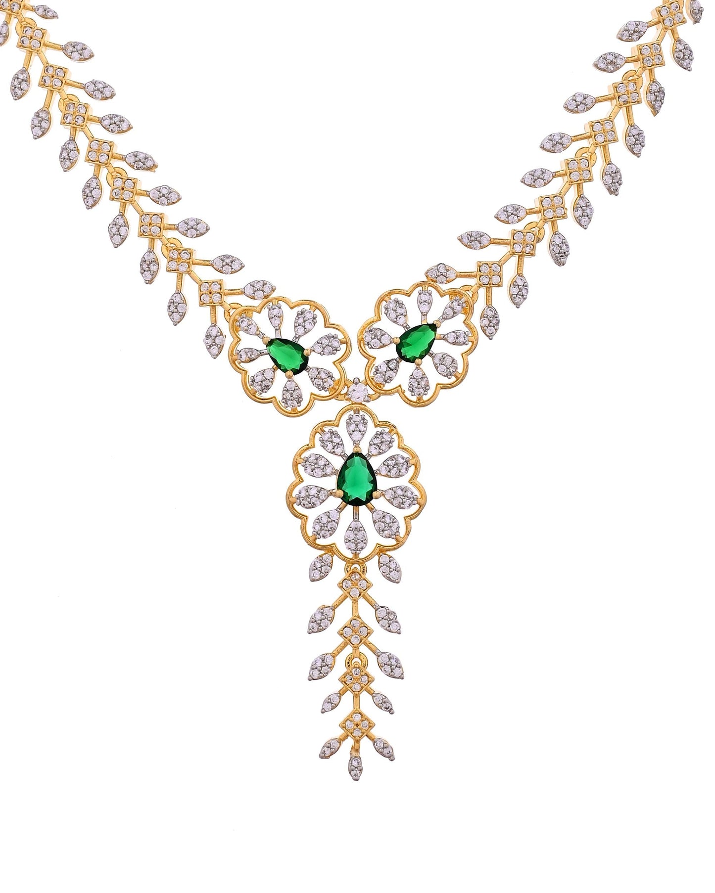 VOJ Gold Plated Lead Designed With Green Stone Ad Jewellery Set