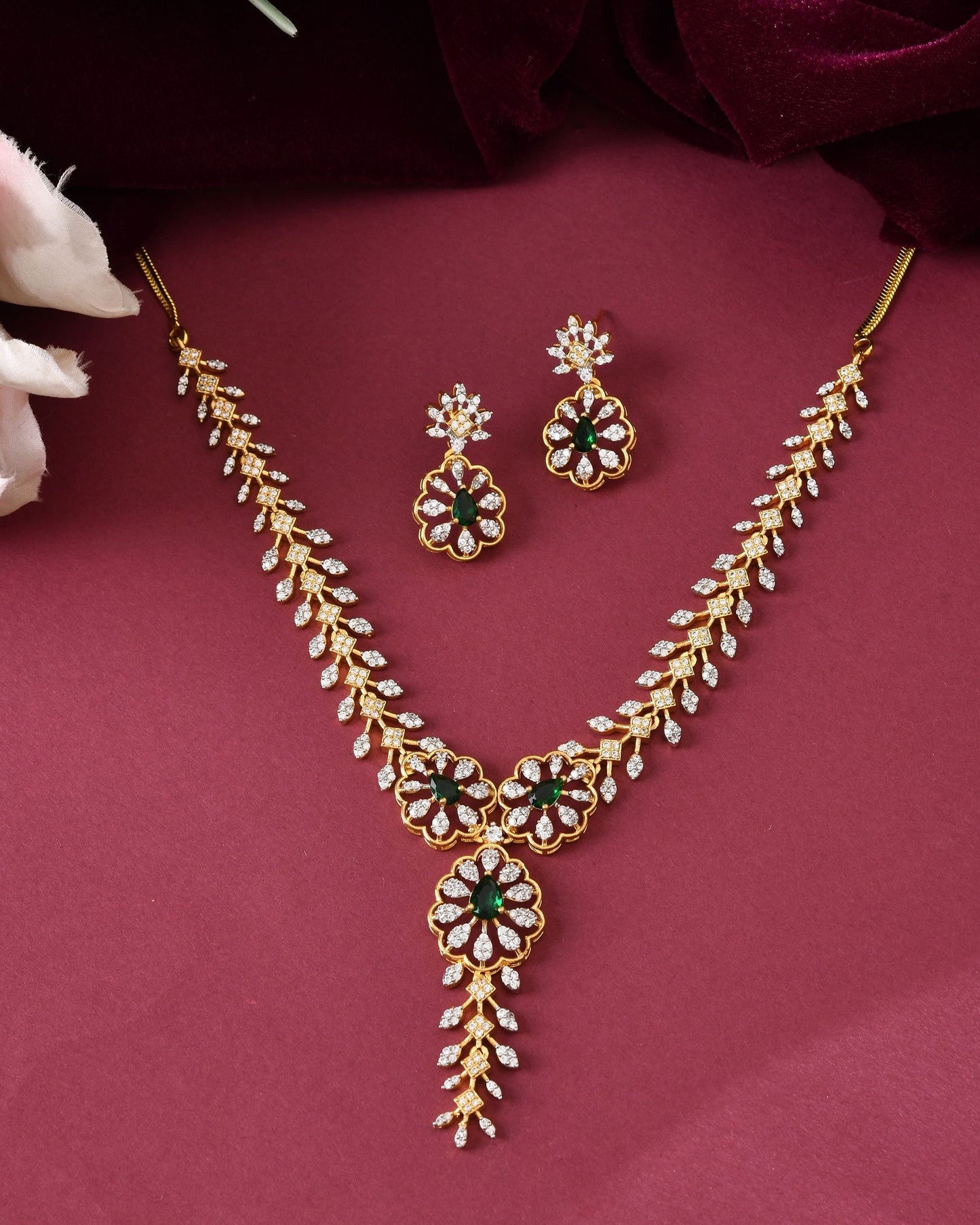 VOJ Gold Plated Lead Designed With Green Stone Ad Jewellery Set
