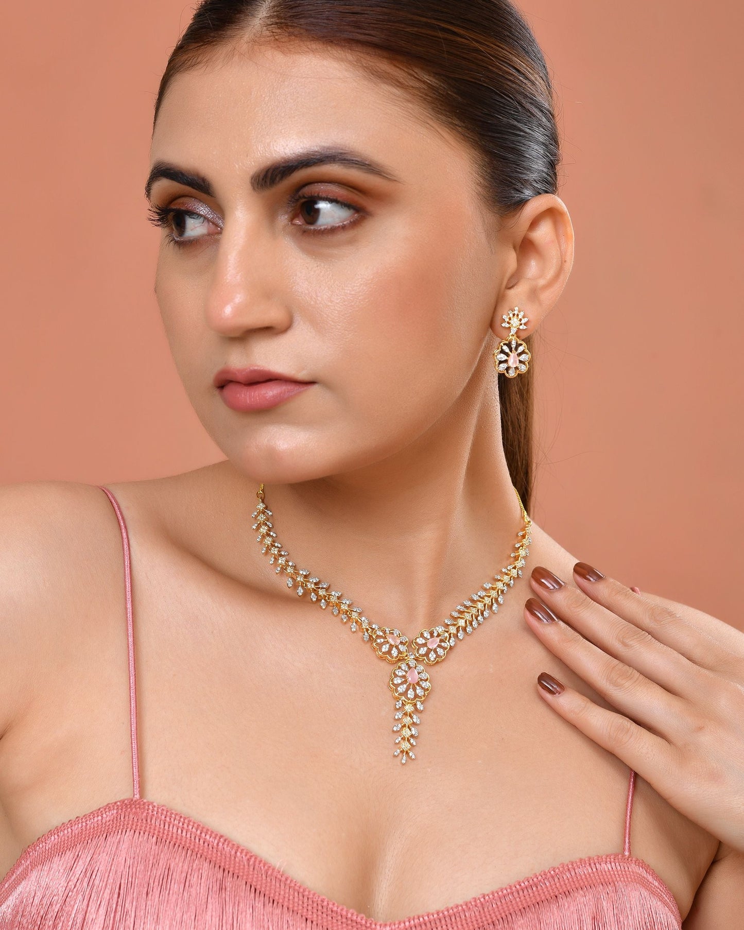 VOJ Gold Plated Lead Designed With Baby Pink Stone Ad Jewellery Set